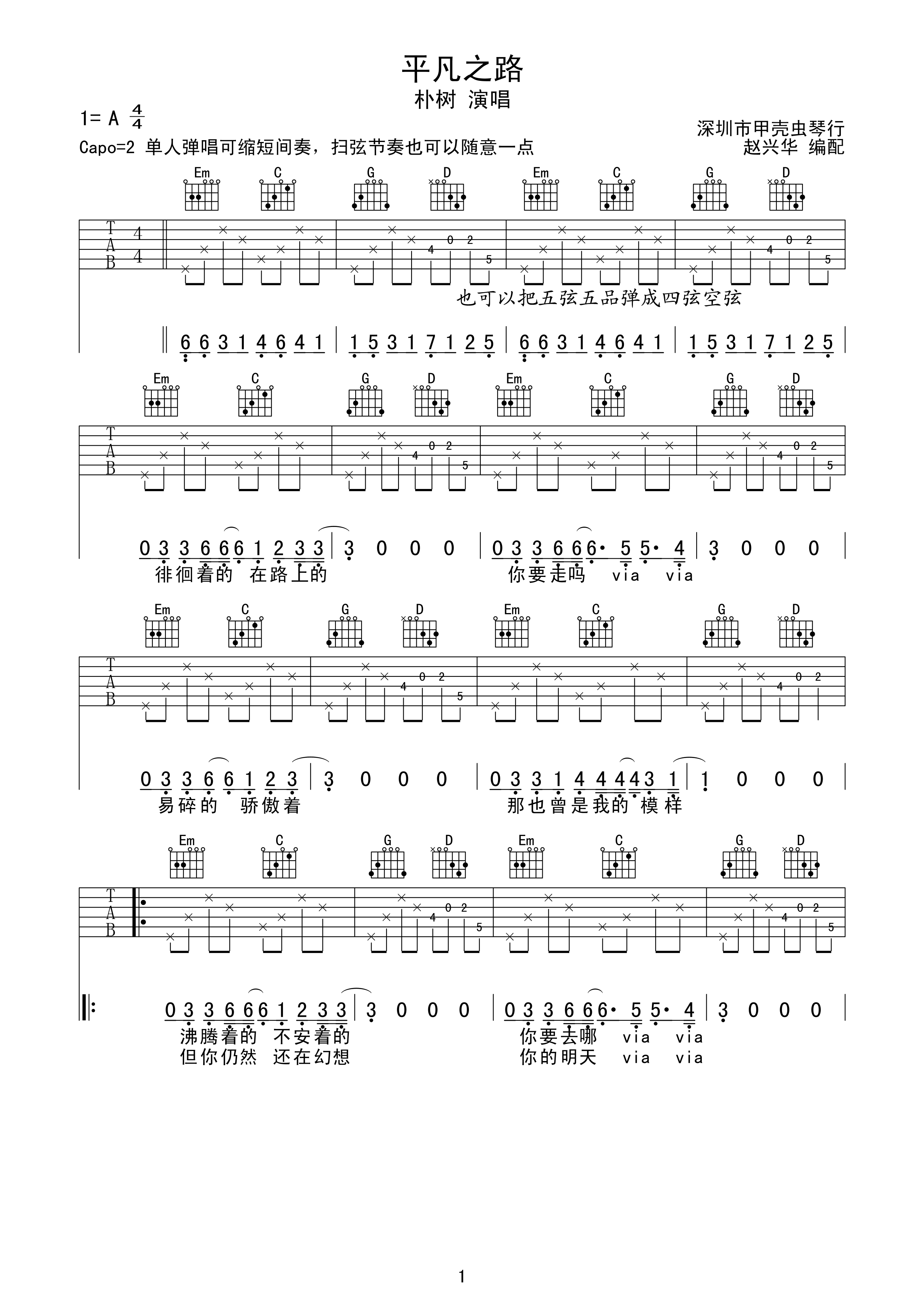 平凡之路（朴树）六线谱 | Capo 2 · 1=A（G 指法）-0mac